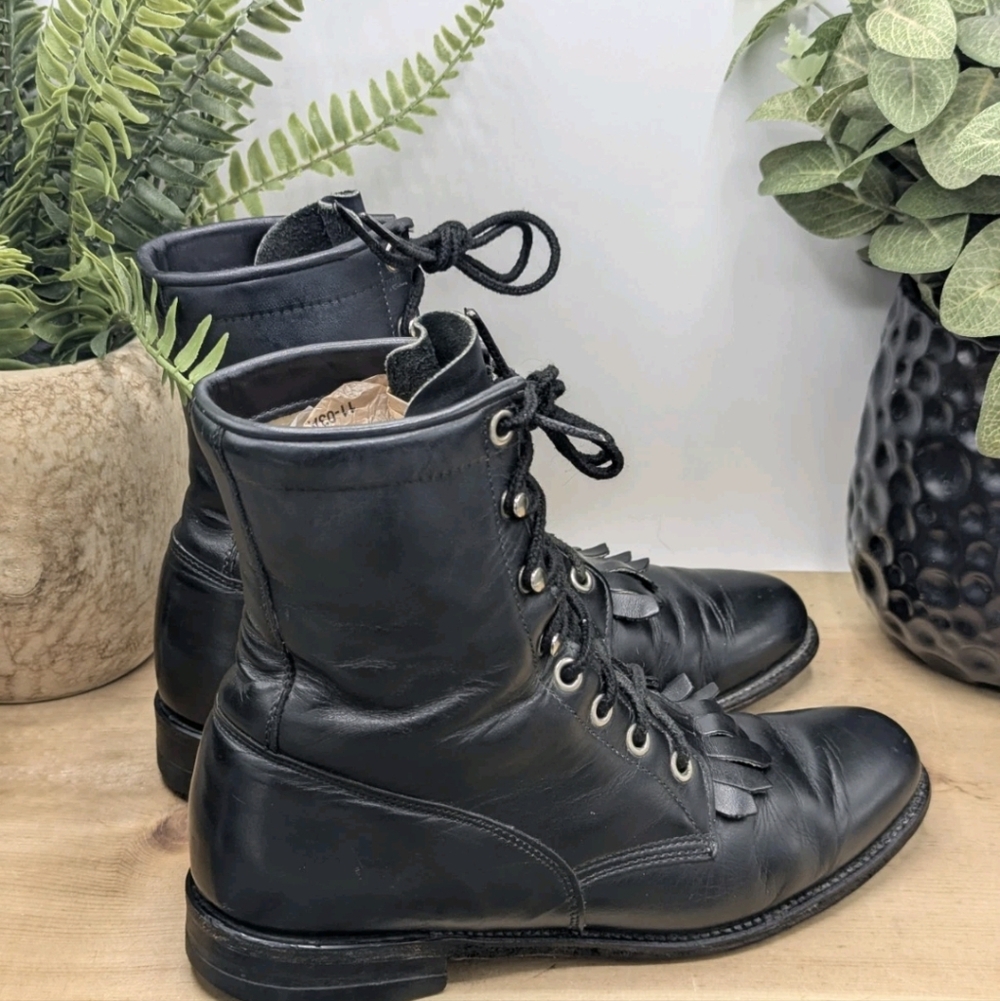 Justin Boots Lace Up Roper Women's Size 6.5B Black Leather Kiltie Boots